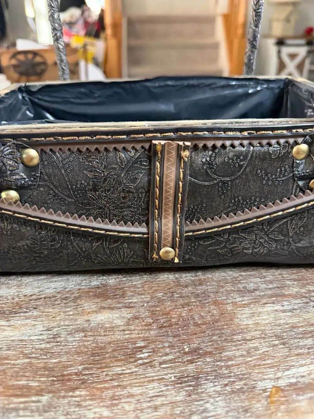 Faux Leather Embossed Floral Purse Style Decorative Planter Basket